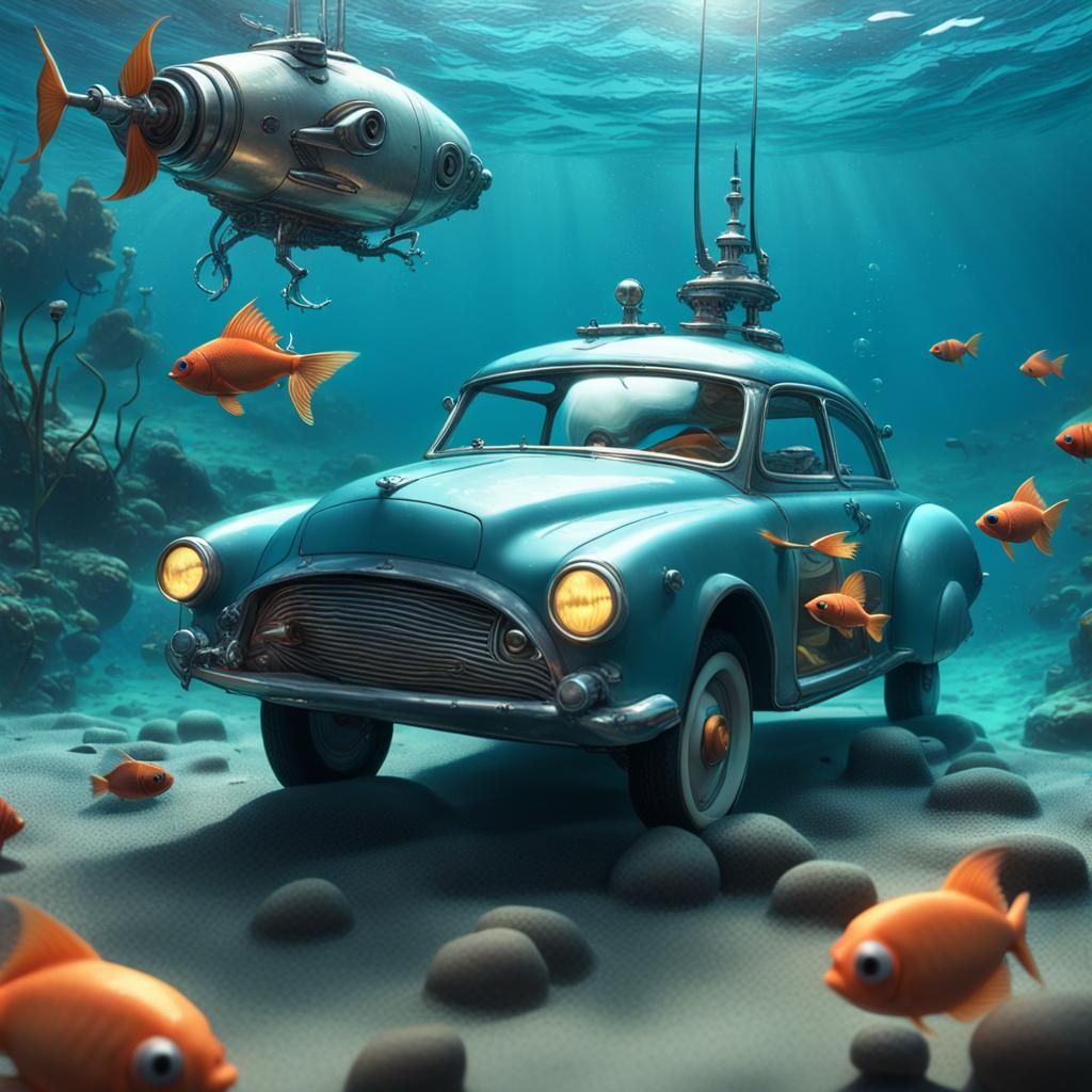 Gothic submarine car underwater with a gothic fish
