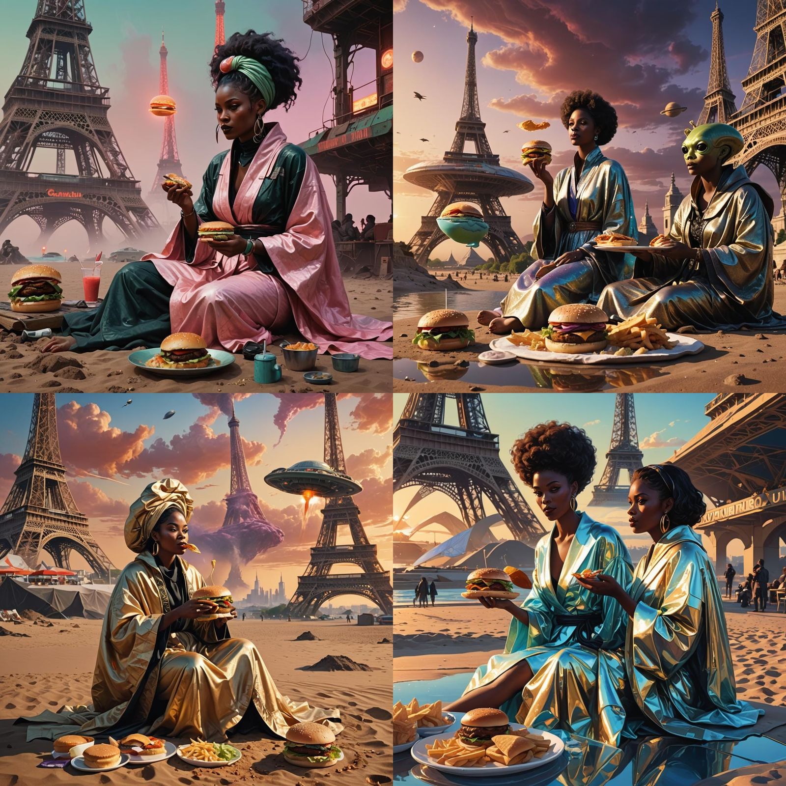 Eiffel Tower on Mars Beach with Alien and Woman in Black