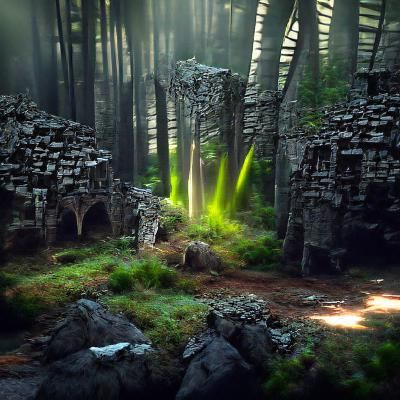 Light Rays Illuminate Elven Ruins in Dark Forest