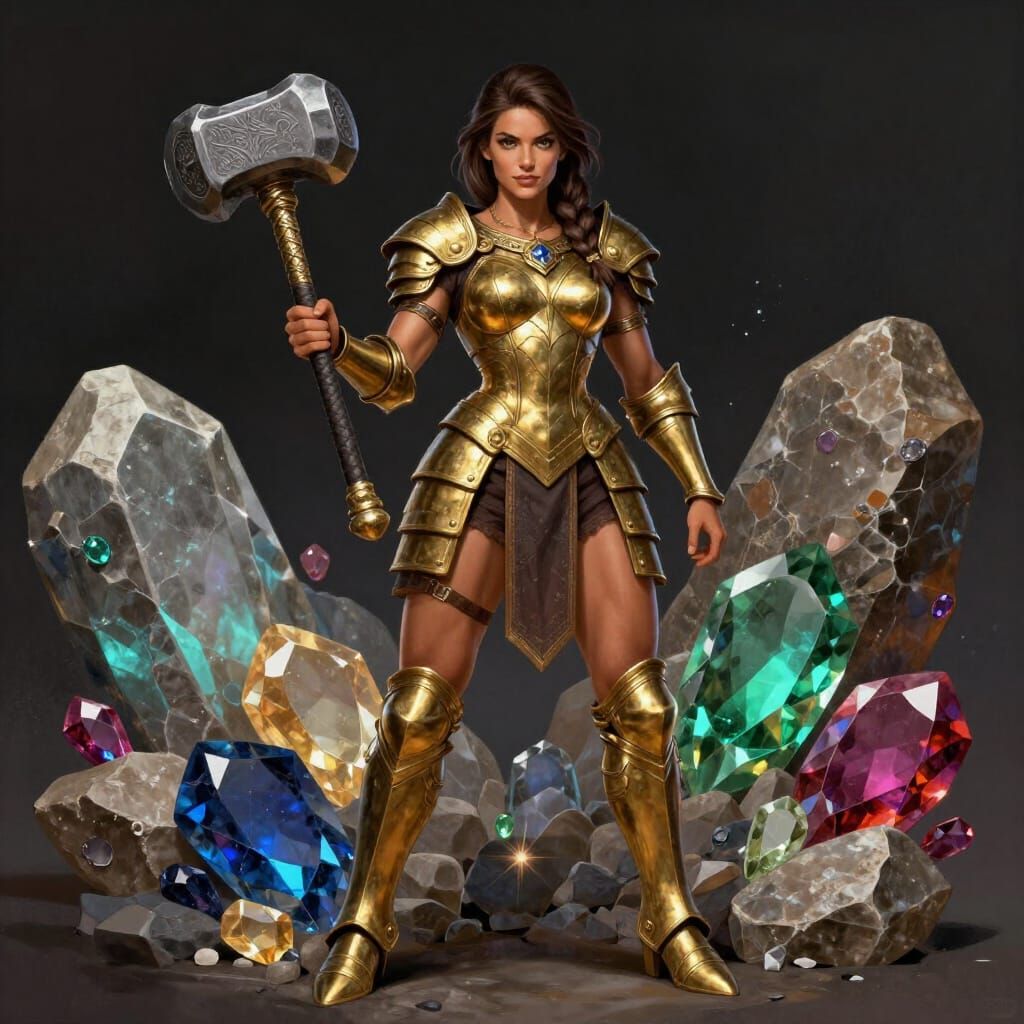Muscular Warrior Woman in Brass Armor Holding War Hammer