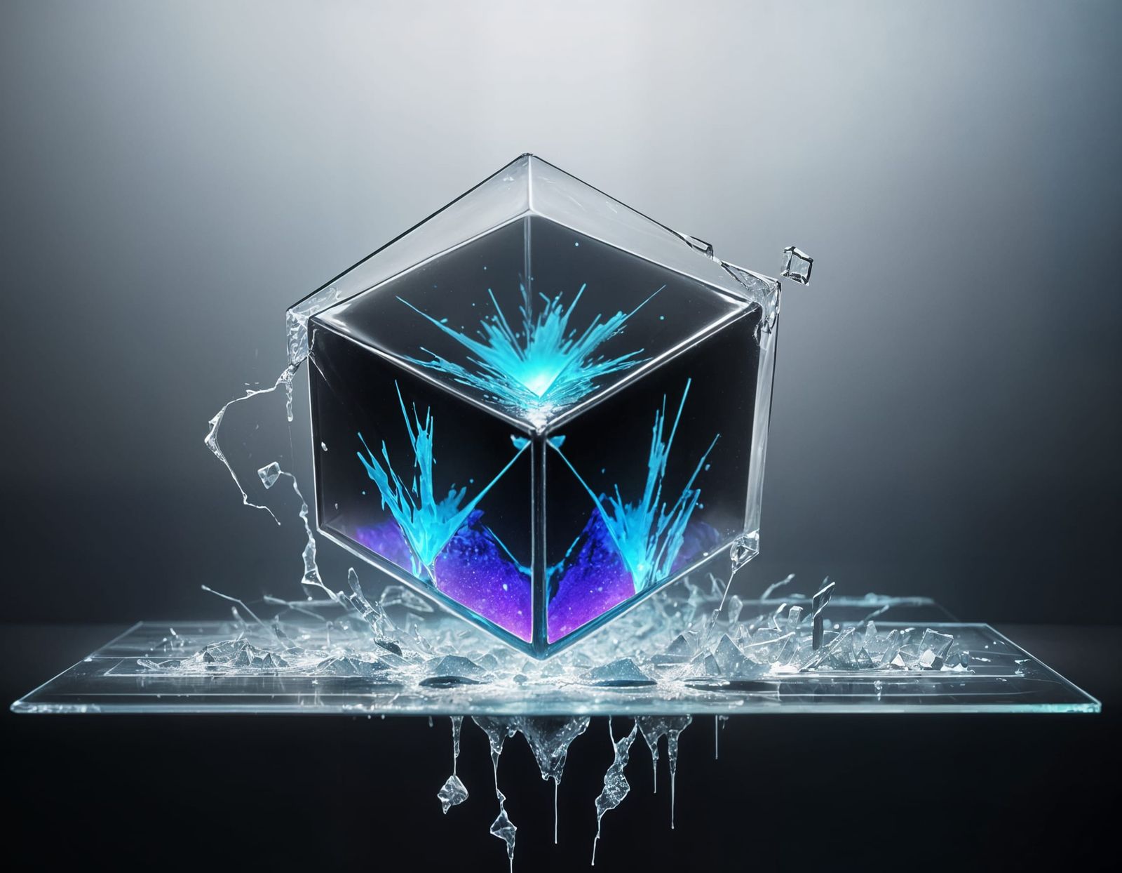 Shattered Cosmic Glass Cube in Ethereal Void