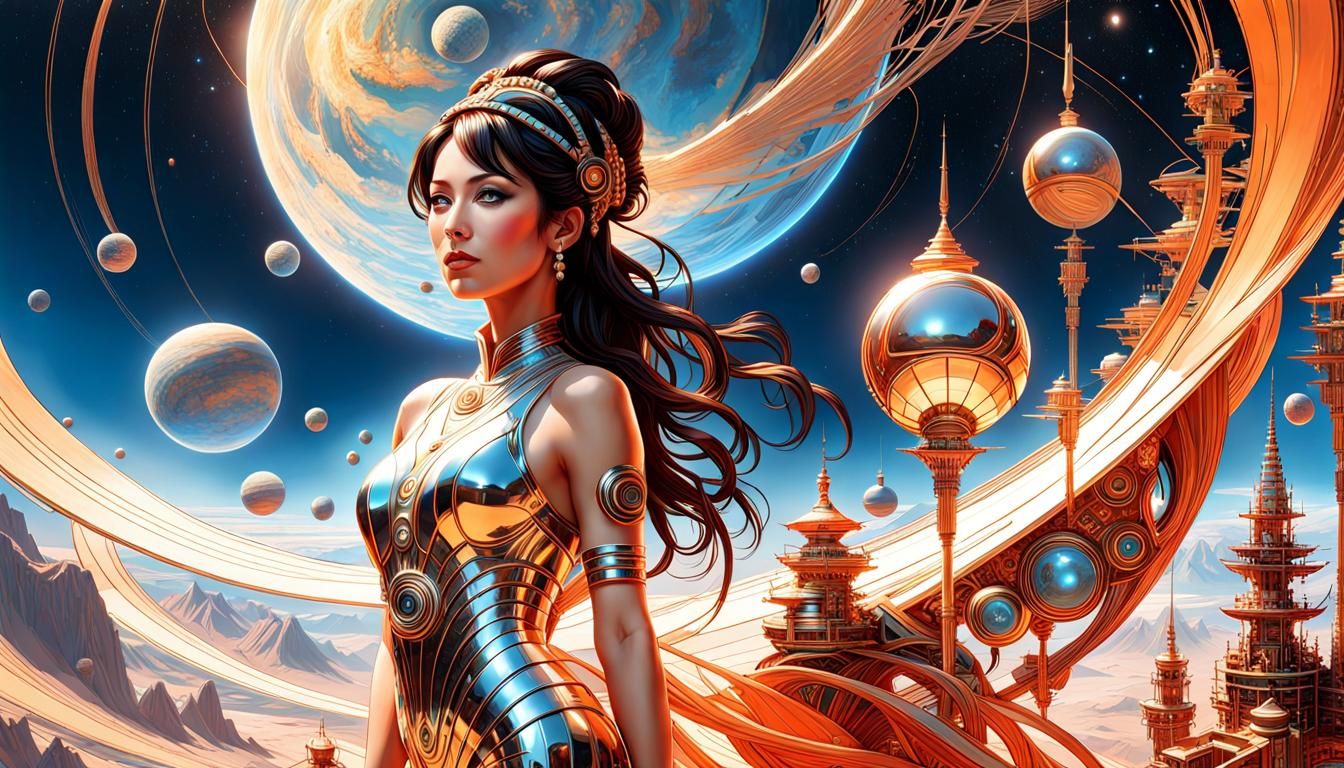 Oriental Beauty in Art Nouveau Moonscape