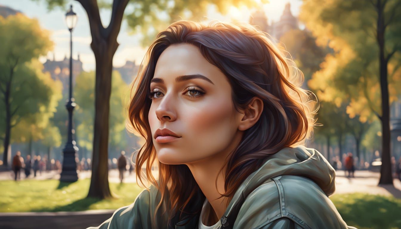 Young Woman in City Park, Oil Painting Style