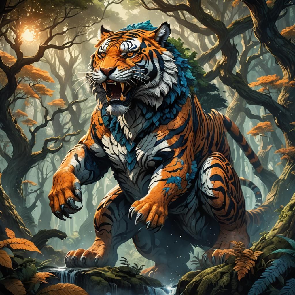 Majestic Tiger Kaiju Emerges from Mystical Forest