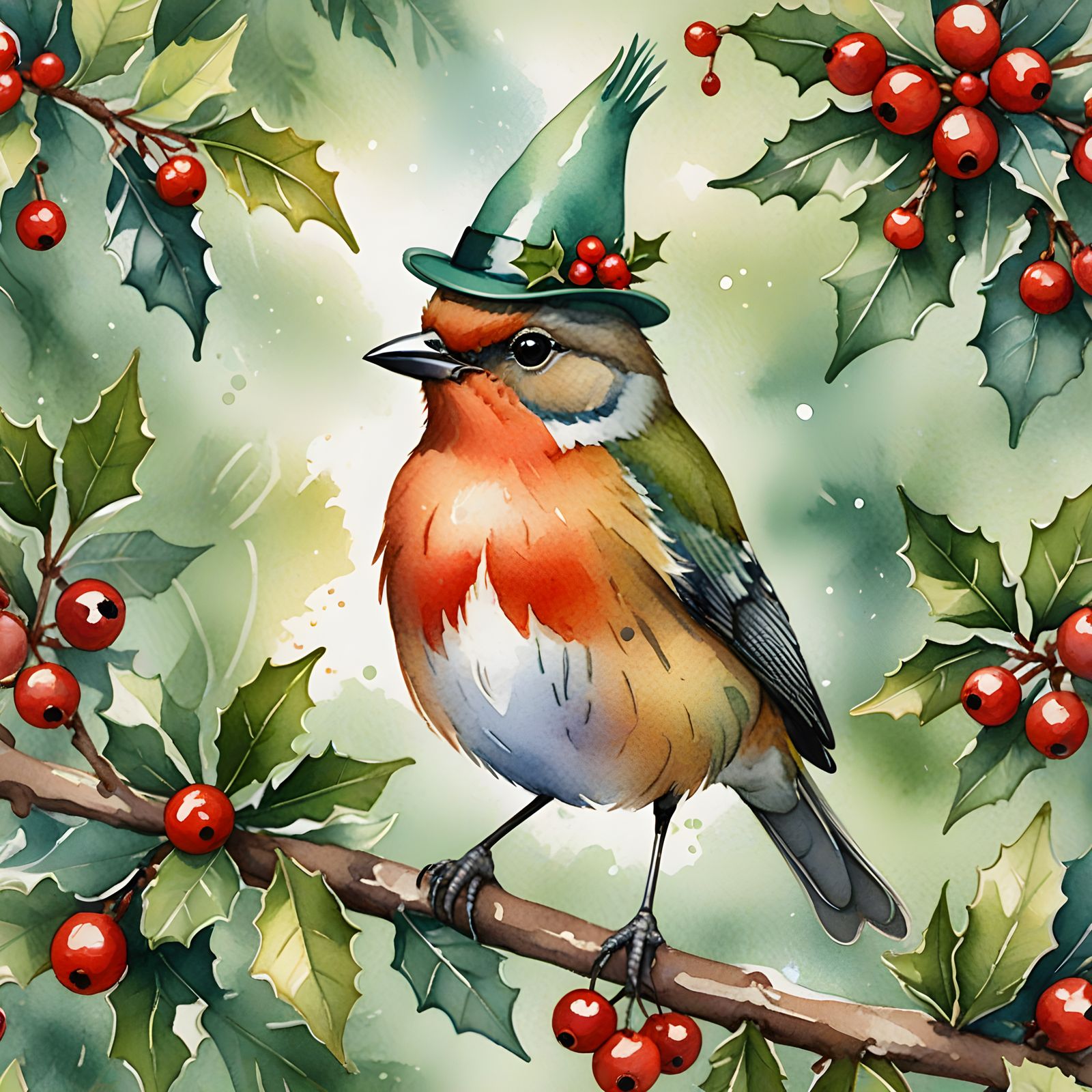 Whimsical Watercolor Bird in Holiday Hat