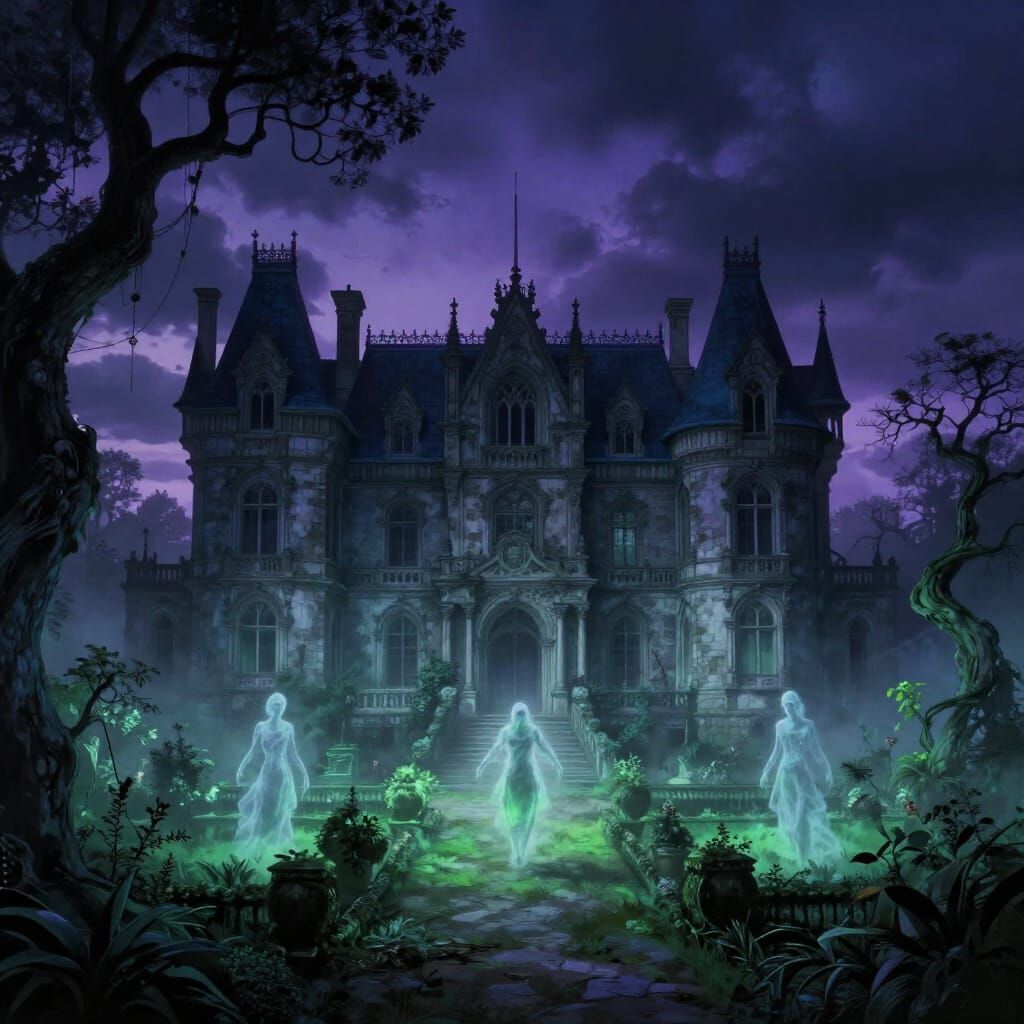 Gothic Manor Haunted by Spectral Figures at Dusk