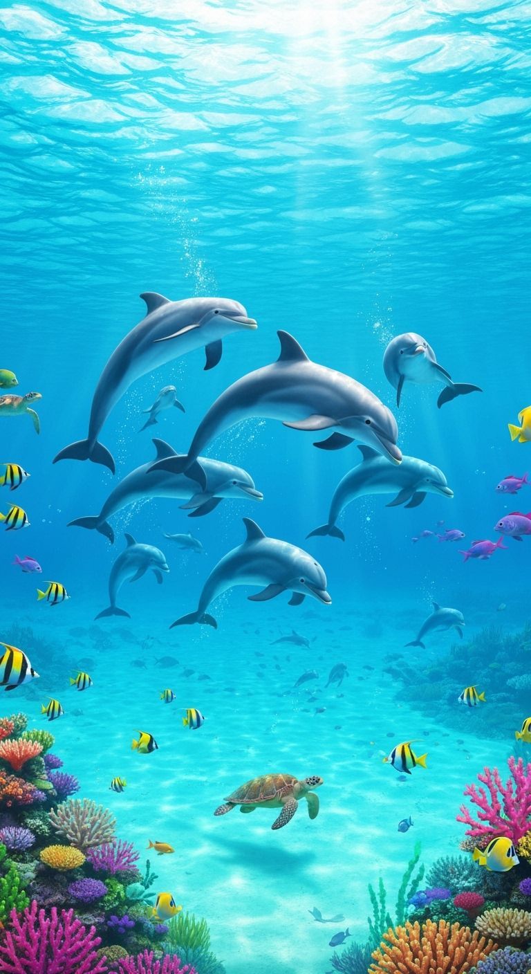 Dolphins Play in Tropical Lagoon: Photorealistic Style