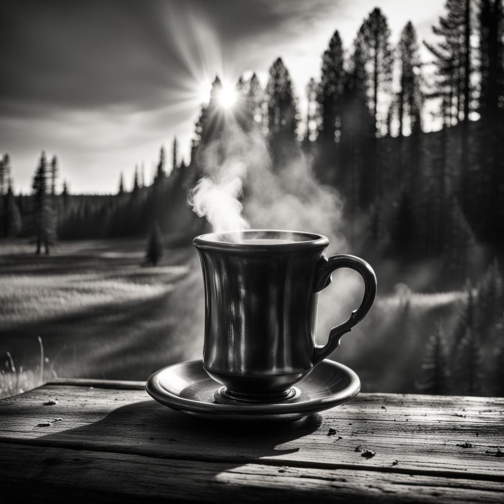 Serene Morning Coffee in Yellowstone: Black and White Photog...