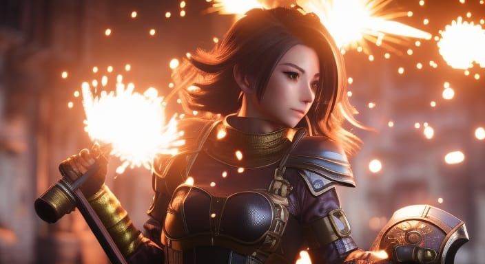 Armored Girl Flying Through Fireworks in Photorealistic Styl...