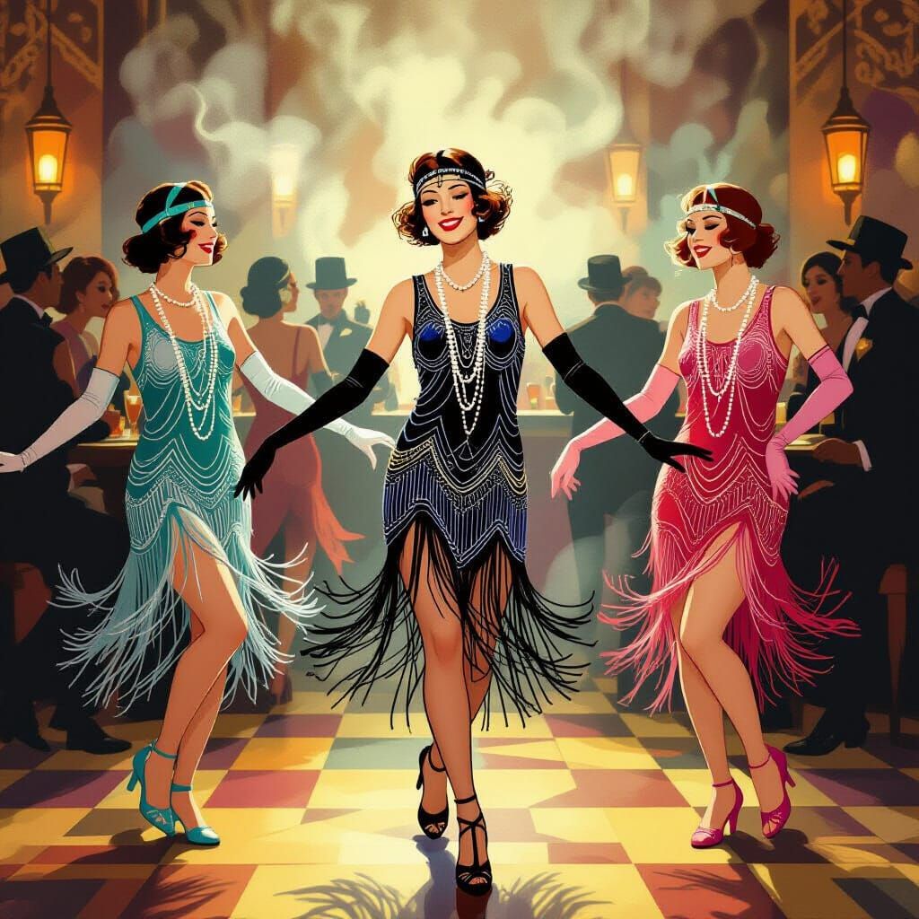 1920s Flappers Dancing Charleston in Art Deco Speakeasy
