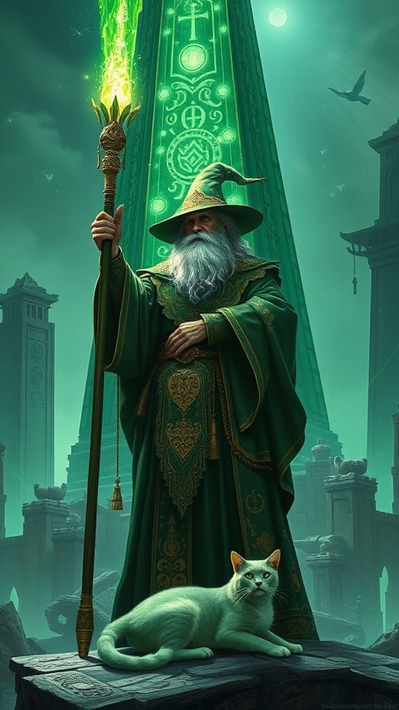 Green Wizard and Cat in Digital Matte Painting