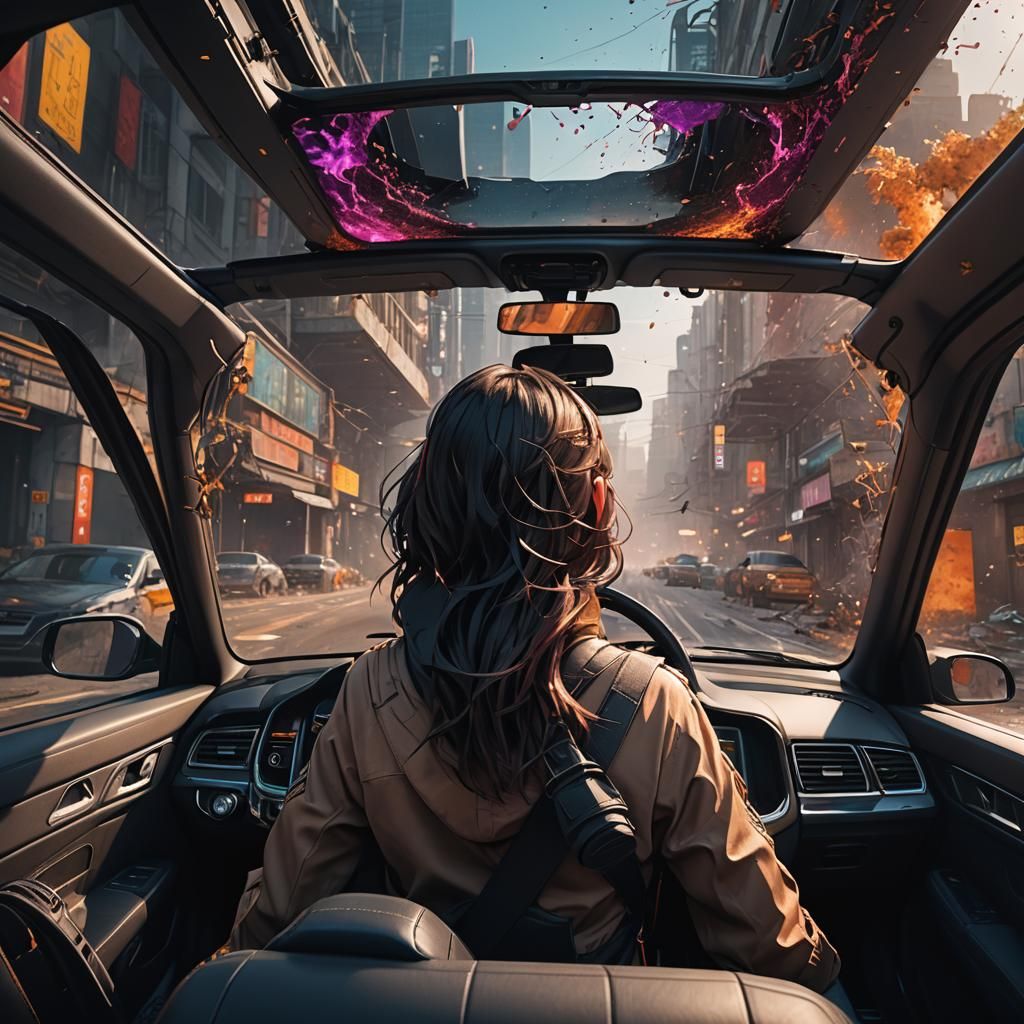 Modern Car Interior with Girl Driver in Detailed Matte Paint...