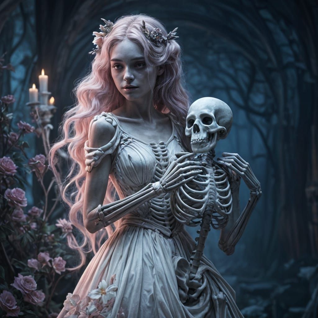 Girl Embraces Skeleton Version in Pastel Pink