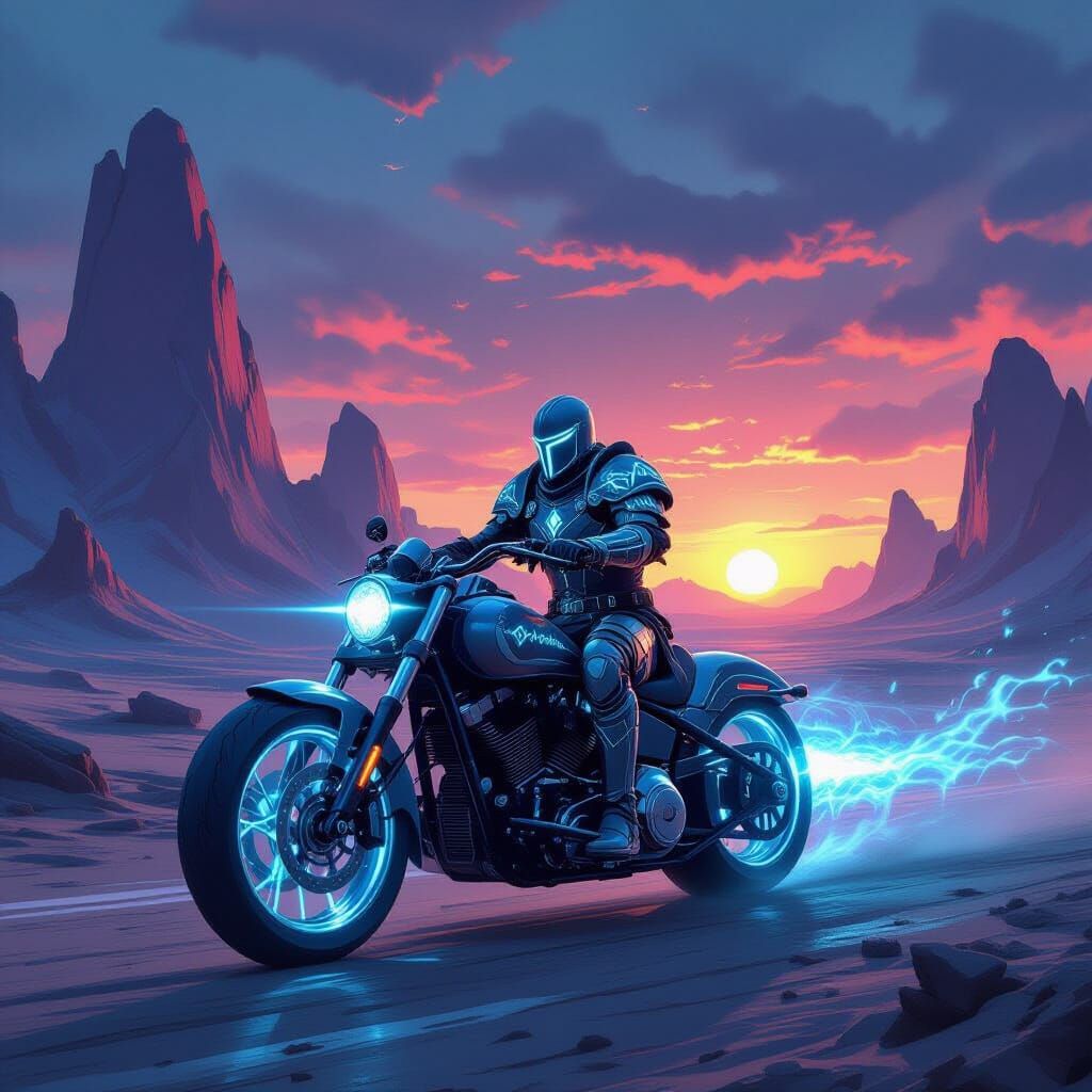 Knight on Spectral Motorcycle Under Binary Sunset