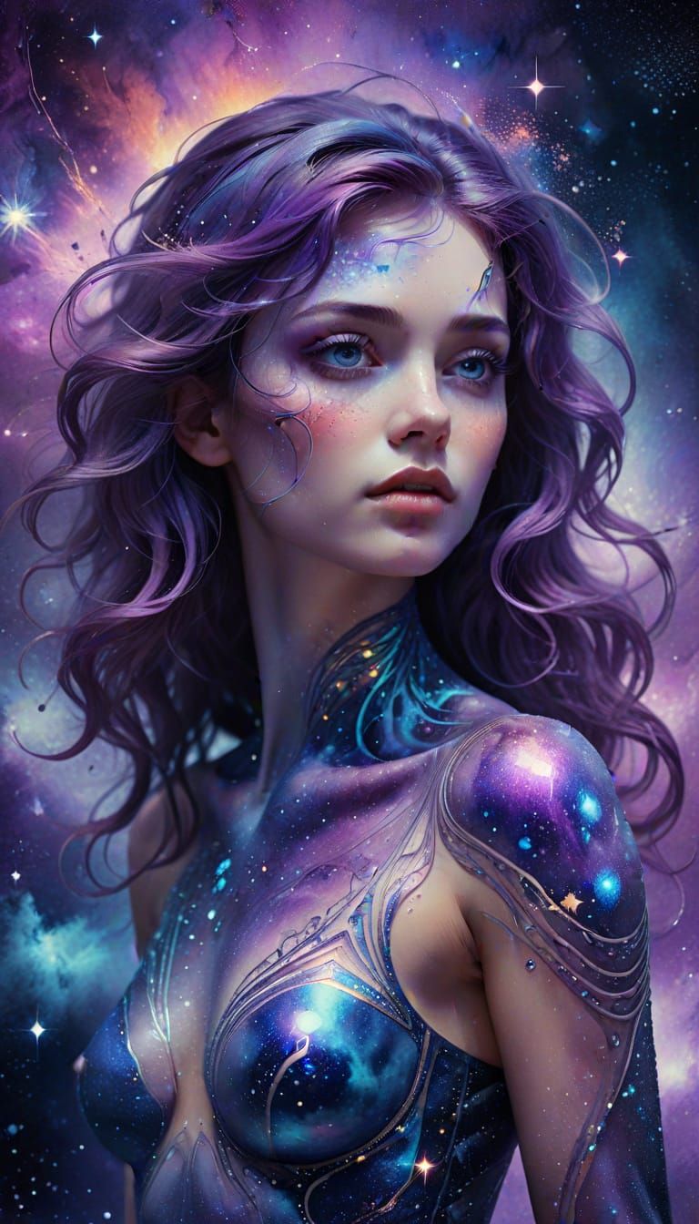 Melancholic Supermodel Gazing into Swirling Nebula