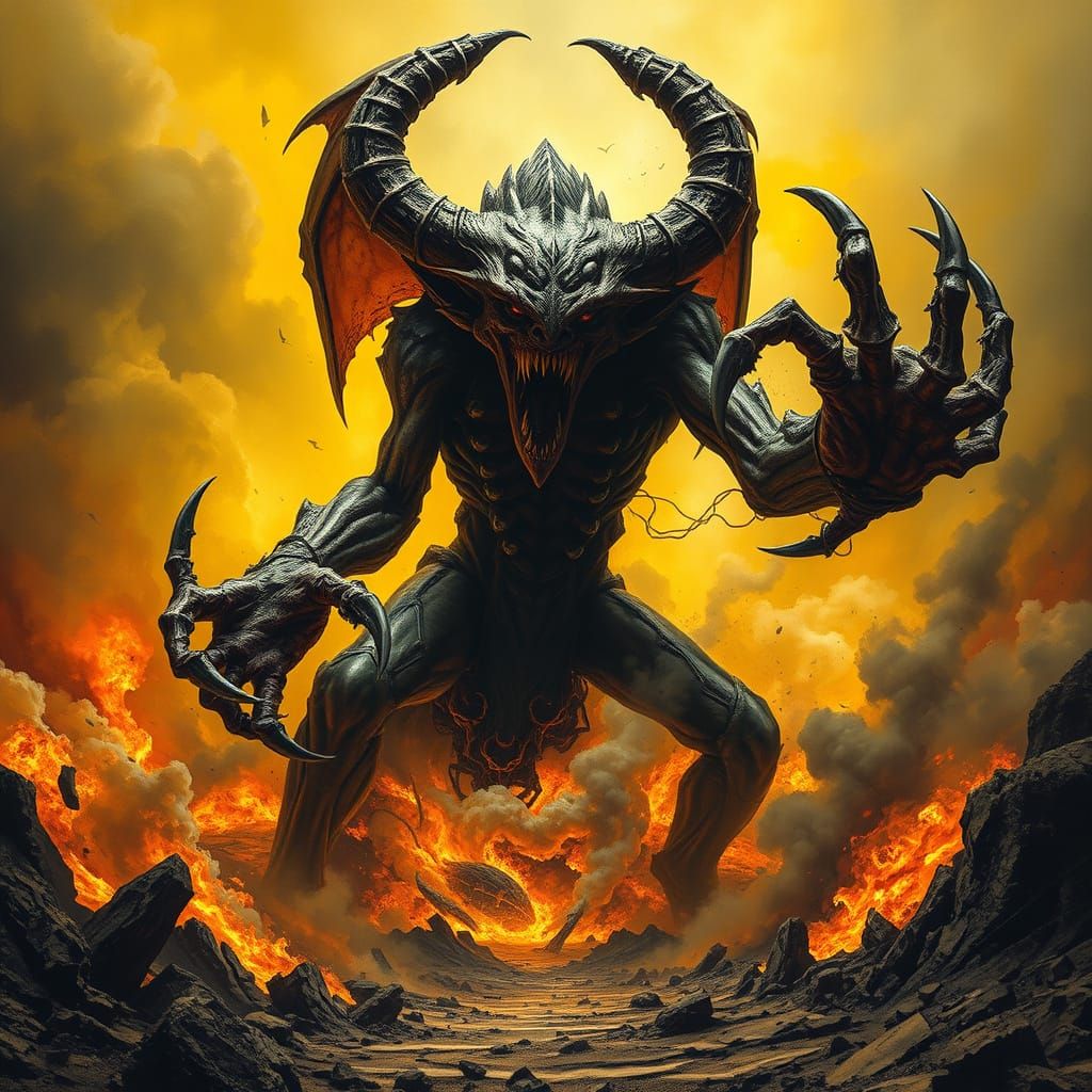 Grotesque Demon Unleashes Havoc in Apocalyptic Landscape