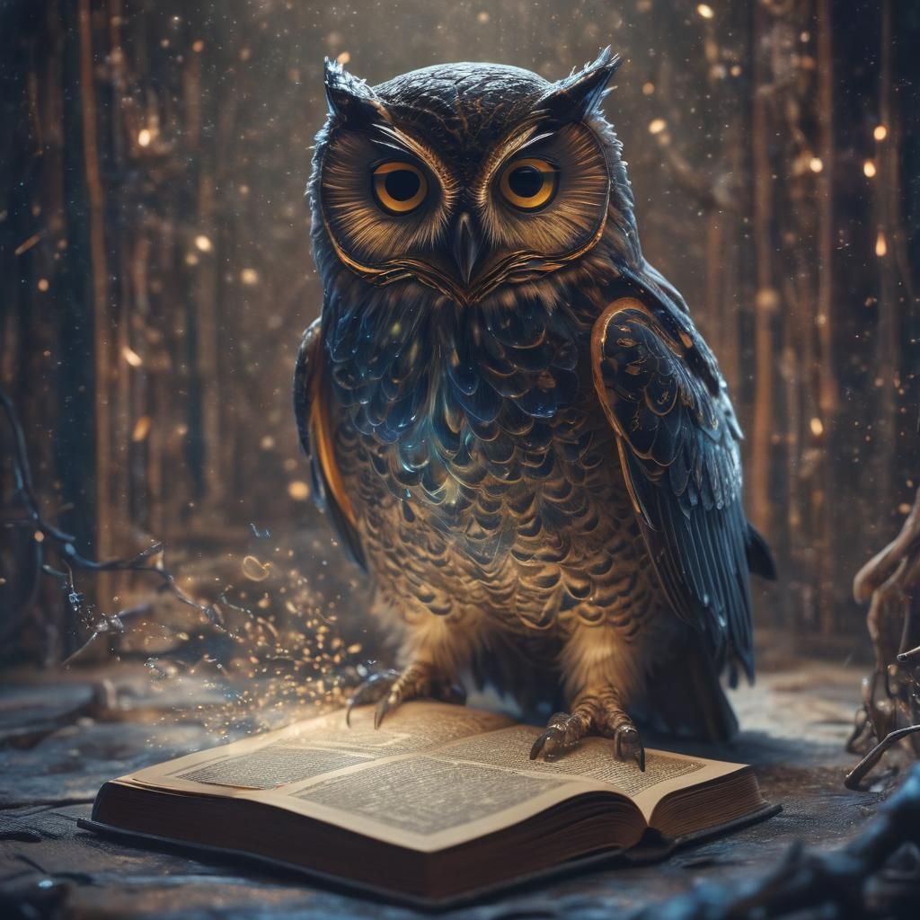 Neon Owl Reading Book in Cinematic Style