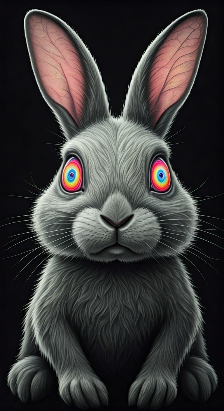 Psychedelic Rainbow Rabbit Drawing in Charcoal and Ink