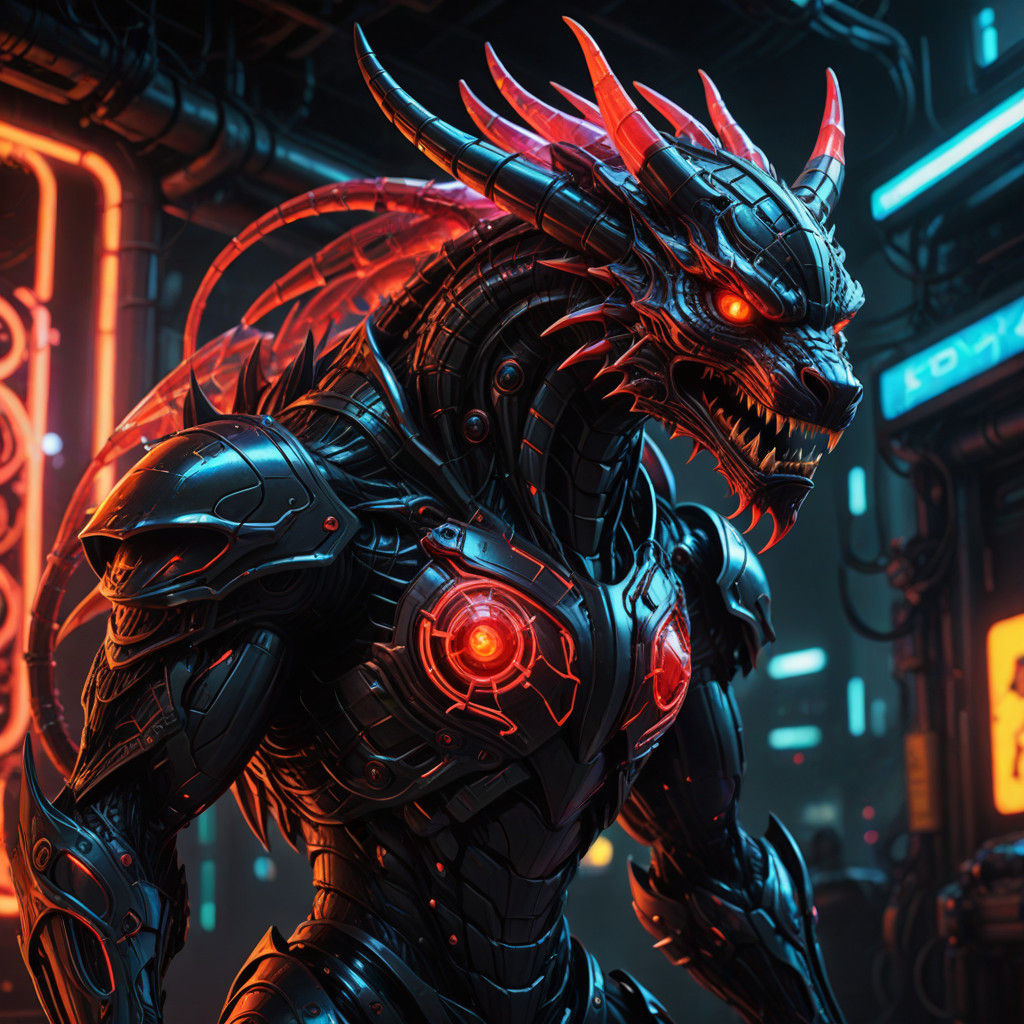 Cyberpunk Digimon Battles Crimson Manticore in Dark Fantasy....