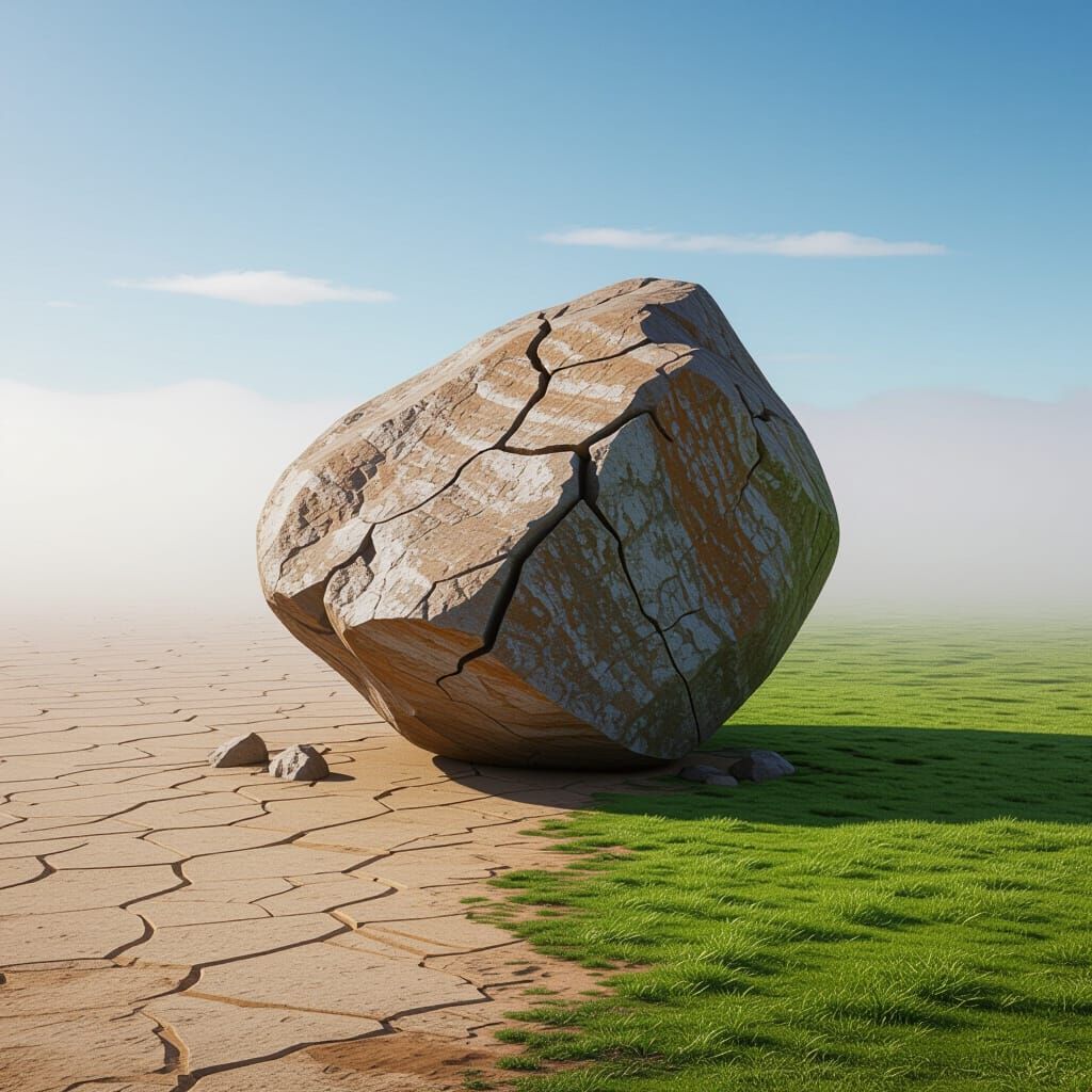 Cracked Boulder in Desert Landscape: A Study in Balance