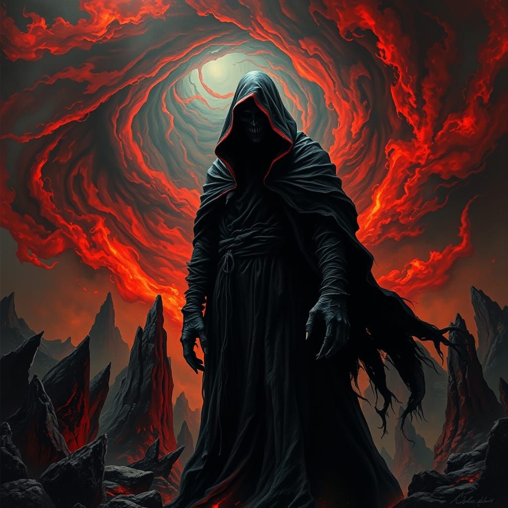 Malevolent Figure in Crimson-Hooded Robes Amidst Hellish Vor...