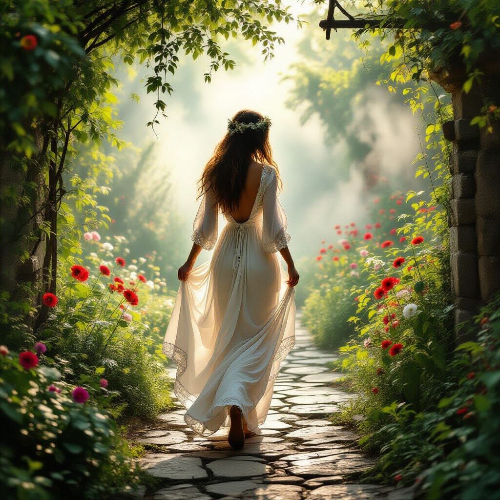 Ethereal Woman in Overgrown Garden: Pre-Raphaelite Style