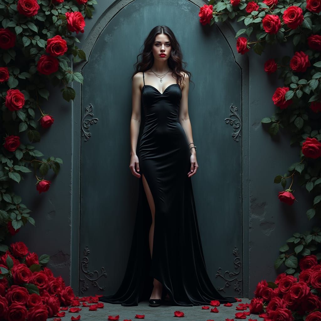 Elegant Vampire in Roses at Night
