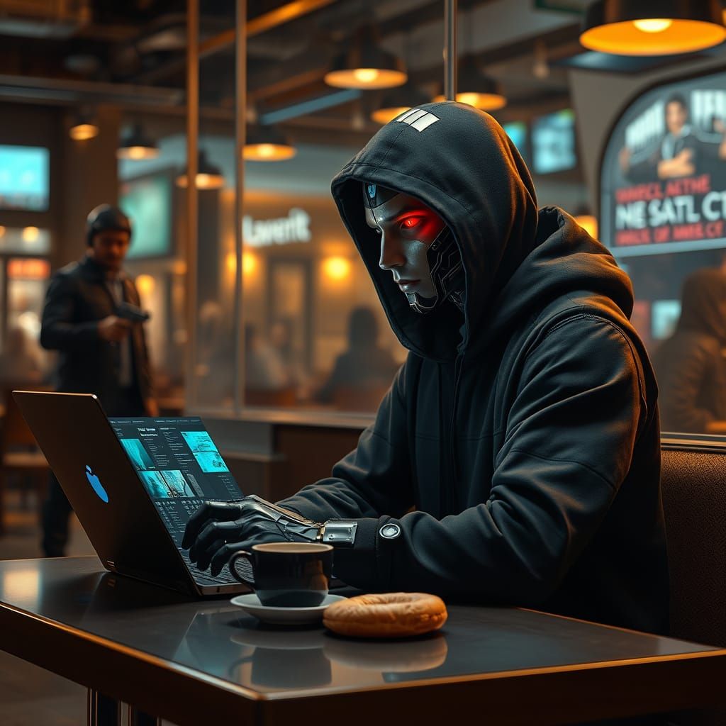 Cyborg at Internet Cafe in Cyberpunk Style