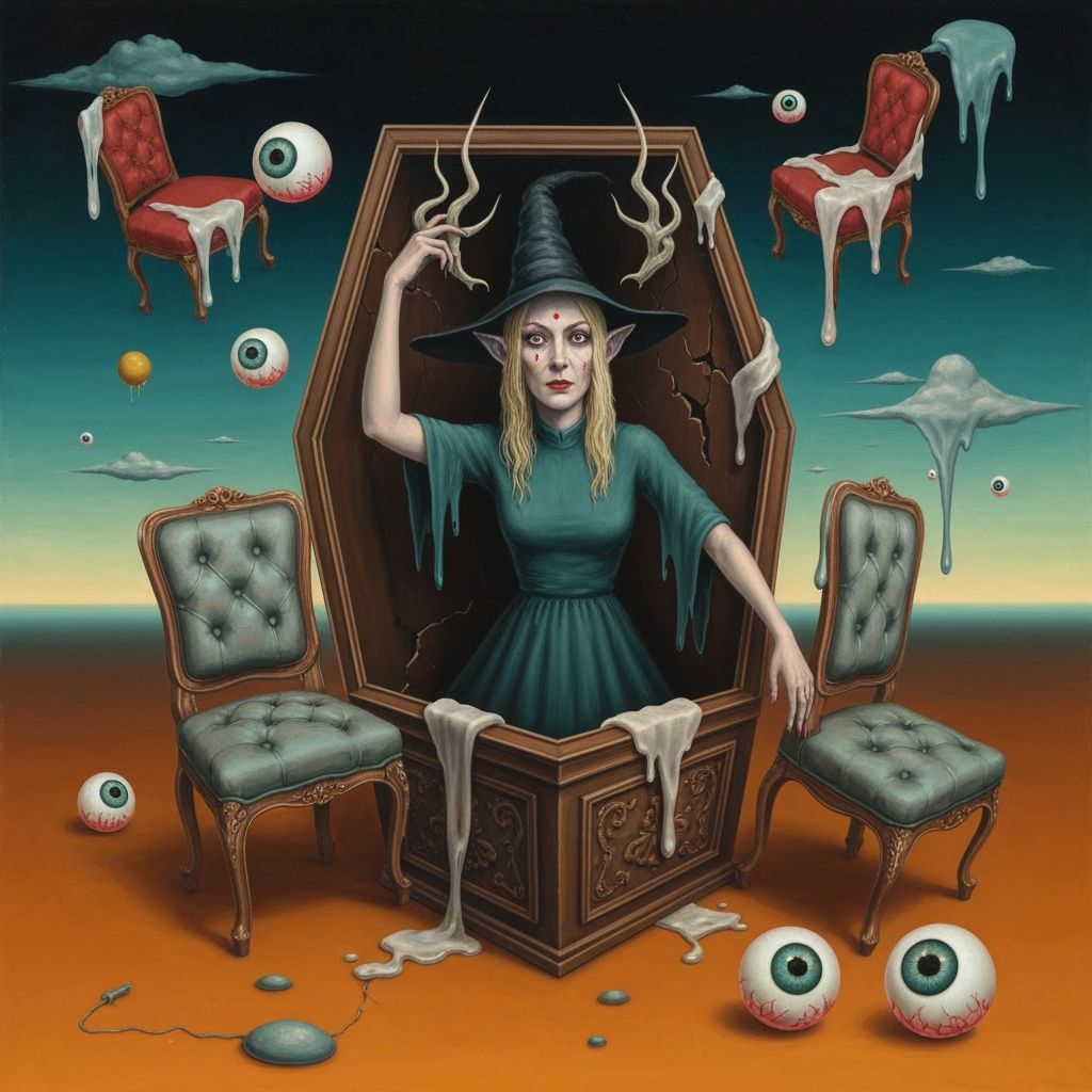 Surrealist Elven Witch Emerges from Cracked Coffin