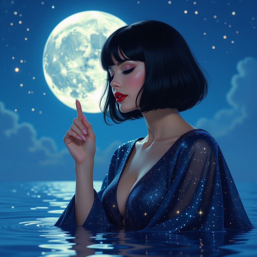 Night Woman Touches Water Mirror Under Full Moon