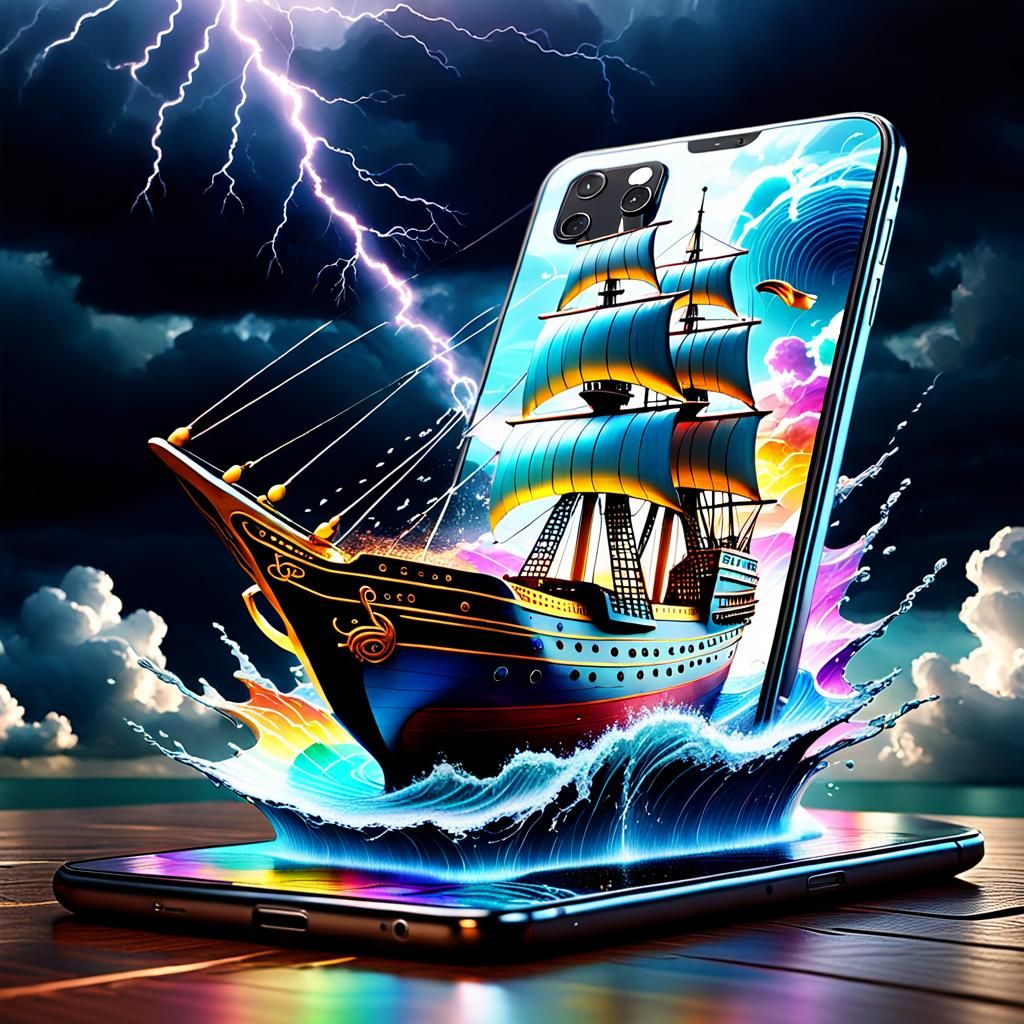 Surreal Smartphone with Royal Ship, Holographic 3D Art