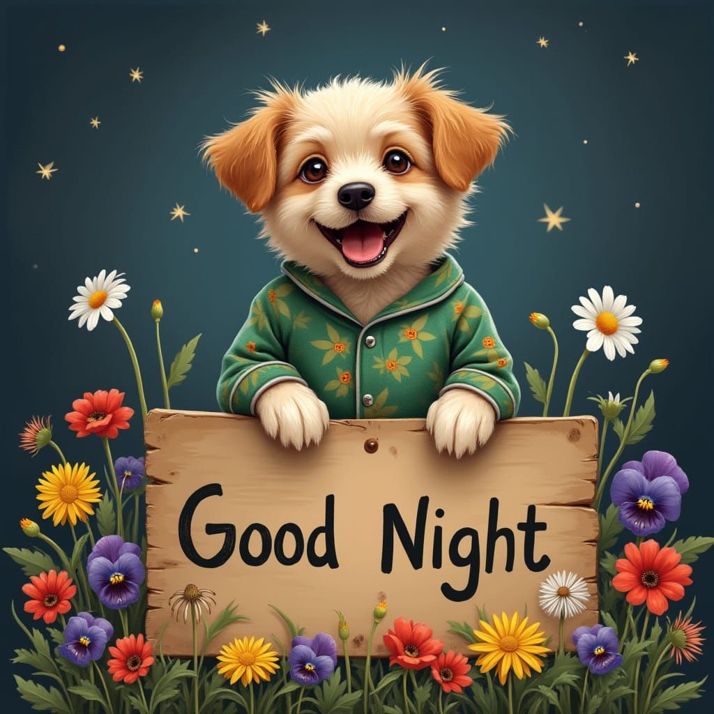 Puppy in Pajamas Surrounded by Wildflowers