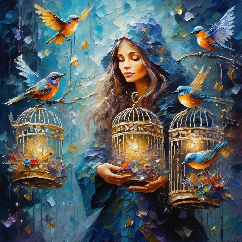 Fairy Sorceress Releases Magical Birds: Oil Painting