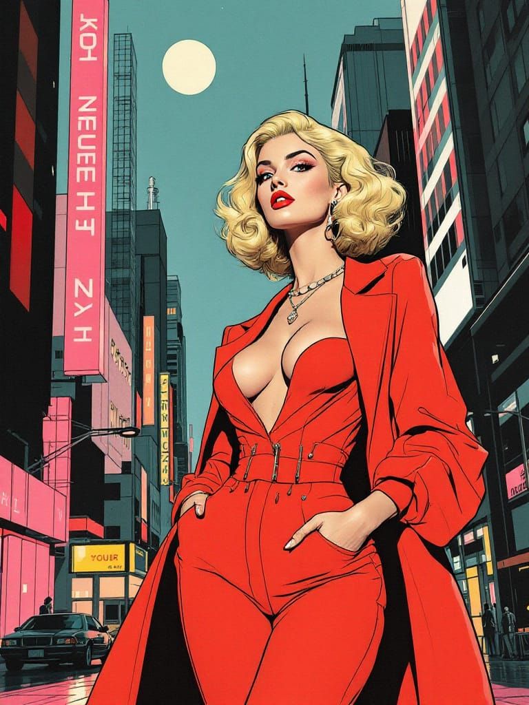 Retro-Futurist Pin-Up Girl in Cyberpunk Cityscape