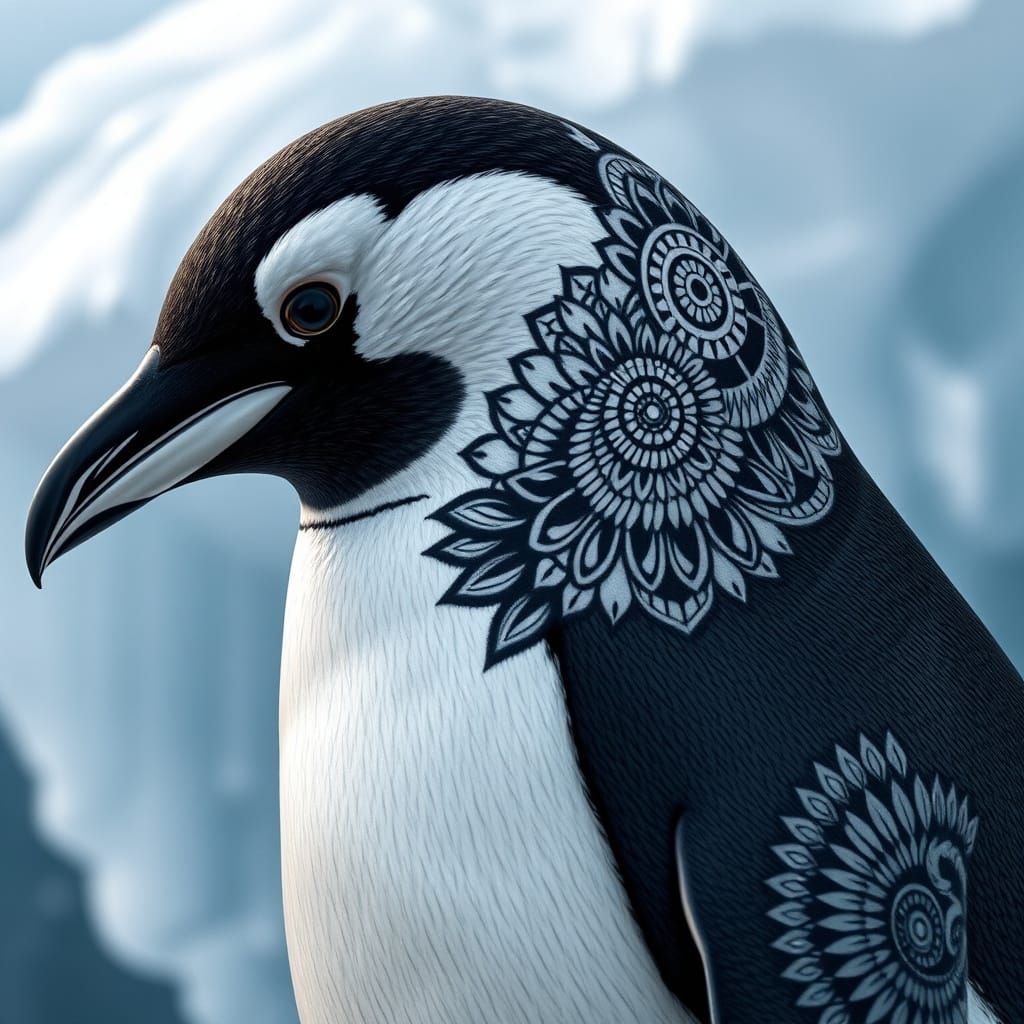 Polynesian Tattooed Penguin Portrait in Digital Art Style