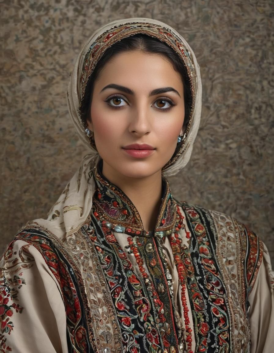 Palestinian Woman in Bavarian Dress: Cultural Fusion Portrai...