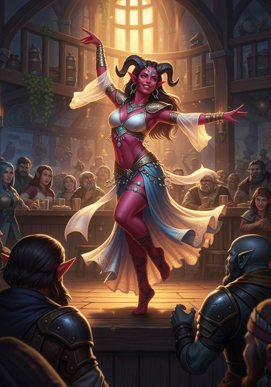 Tiefling Dancer in a Lively Tavern, High Fantasy