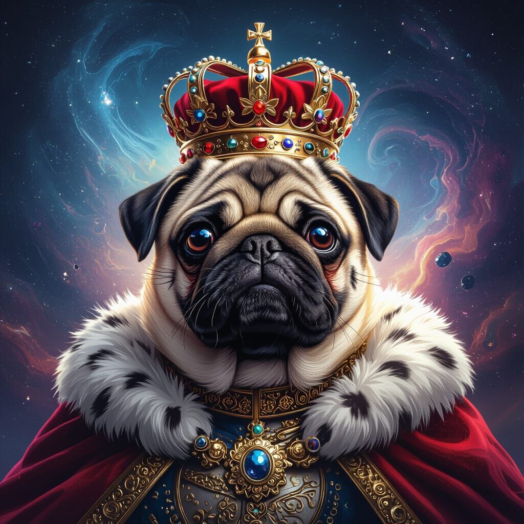 Majestic Pug King Overlooking Cosmic Realm