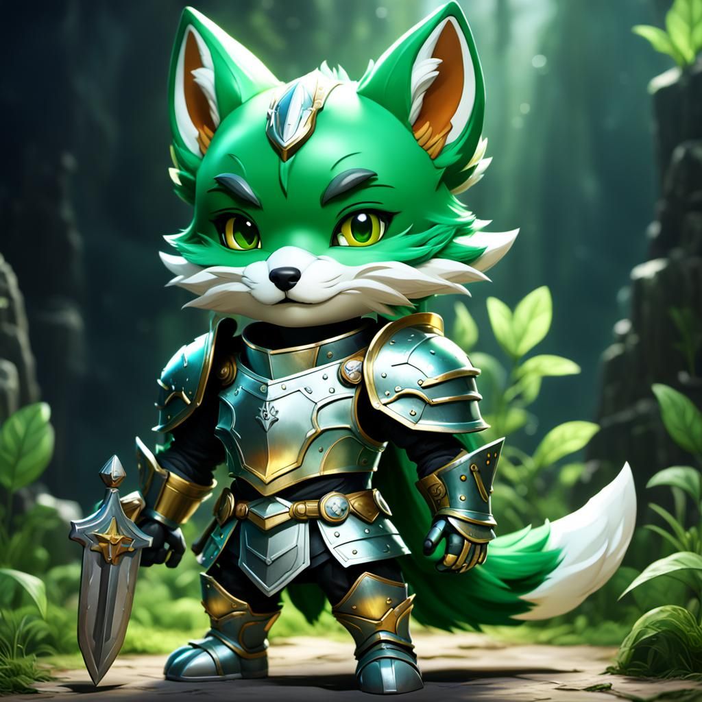 Chibi Green Fox Knight: Detailed Fantasy Art