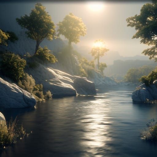 Hyperdetailed River of Flowing Gold and Silver