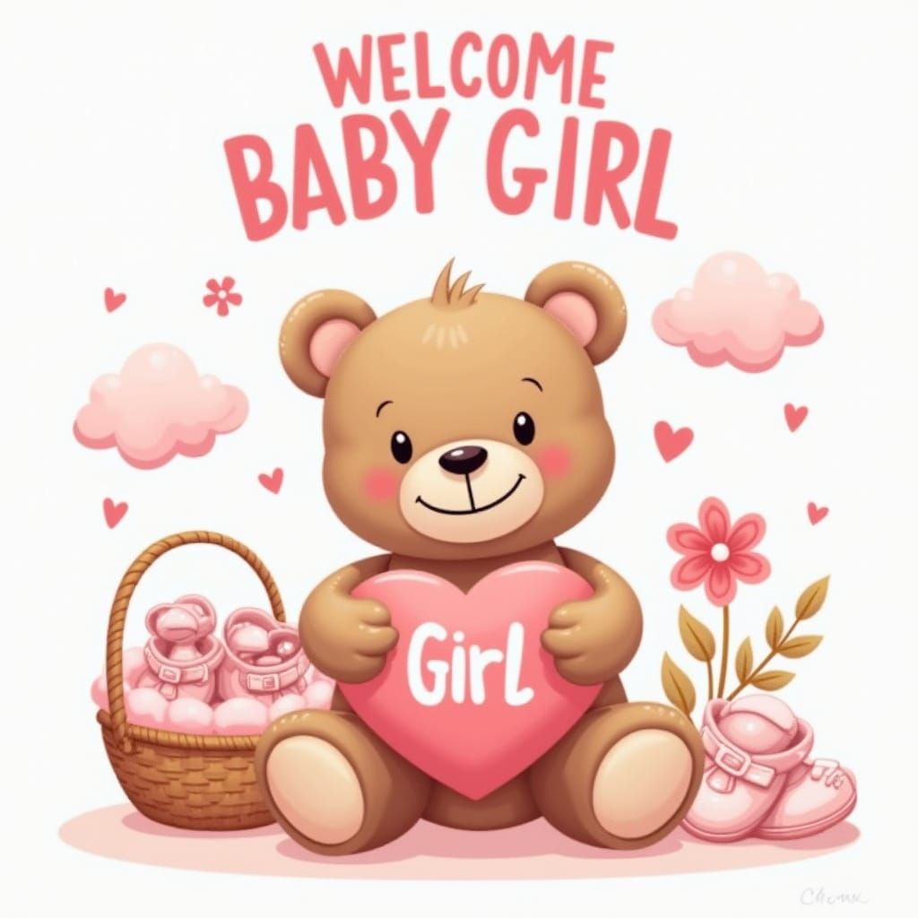 Charming Baby Girl Announcement Card with Teddy Bear