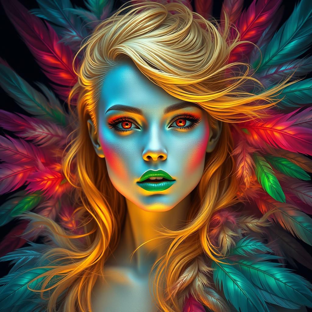 Silver Woman with Colorful Feathers, Fantasy Concept Art