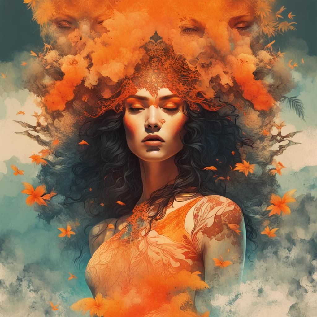 Polynesian Woman in Orange Fantasy World