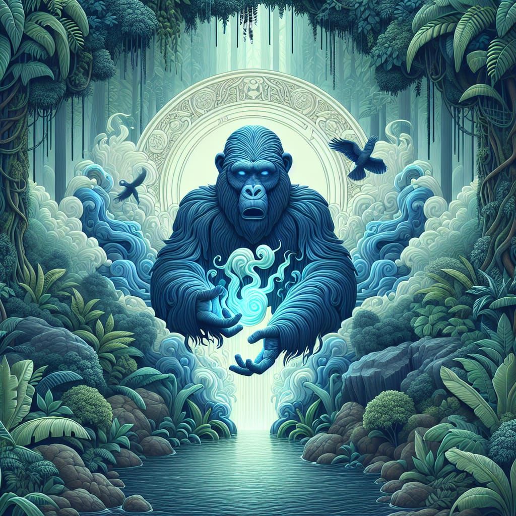 Ethereal Art Nouveau Rainforest Scene with Majestic Ape