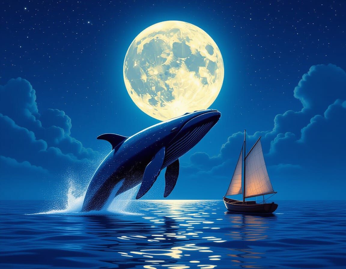 Dreamlike Whale Breaching Under Moonlight