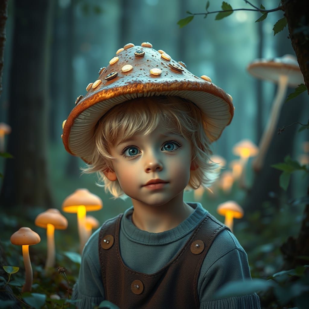 A Hyper-Realistic Fairy Forest Scene with a Young Boy and Bi...