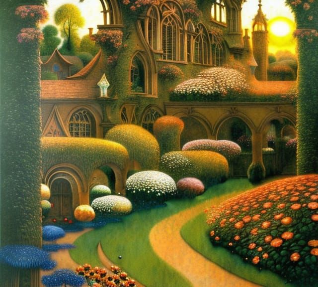 Sunrise Garden with Gothic Archways in Art Nouveau Style
