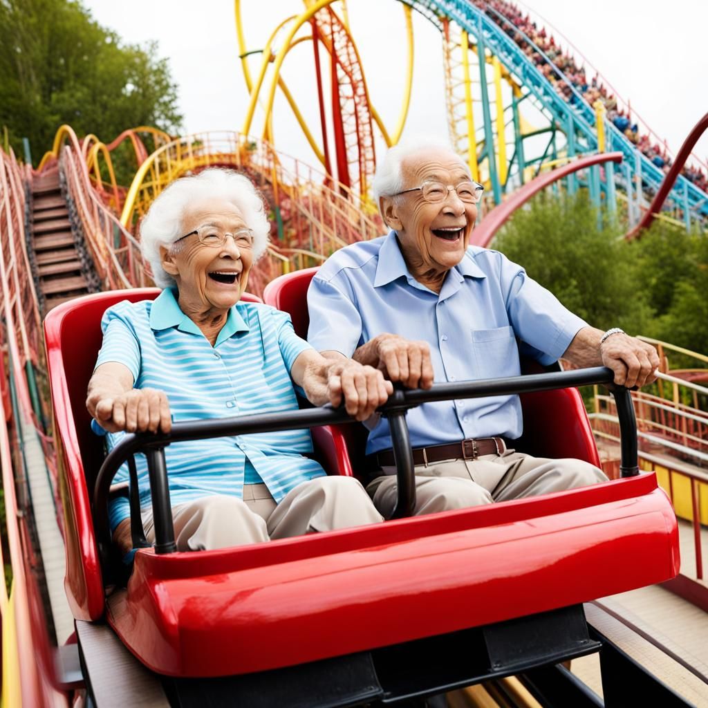 Elderly Couple Enjoying Roller Coaster Ride