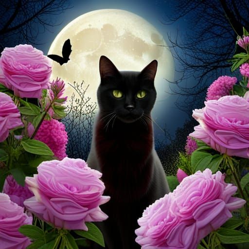 Black Cat in Moonlit Perfumed Garden