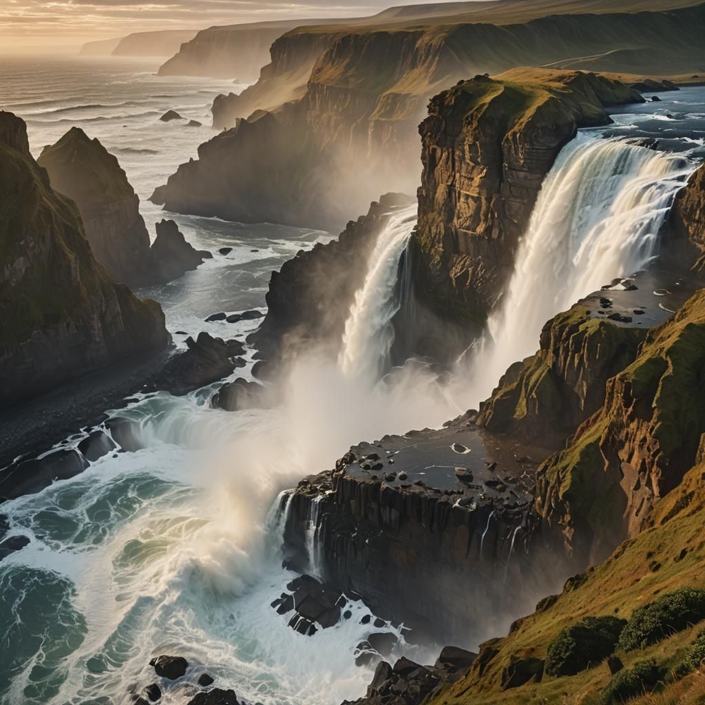 Majestic Waterfall Cascading into Stormy Ocean